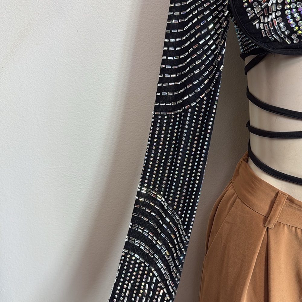 (A3)BAJUL Sheer Crop Top with Rhinestones and Trim, Size M - Picture 4 of 10